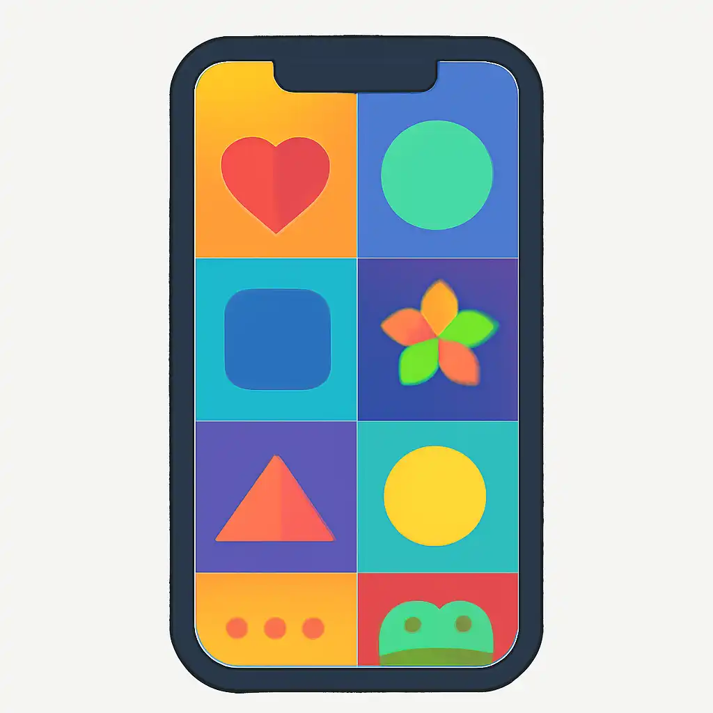 Smartphone shown from the front displaying a colourful flat layout of abstract game icons and rounded tiles (no text, no letters, no labels), Goa Games