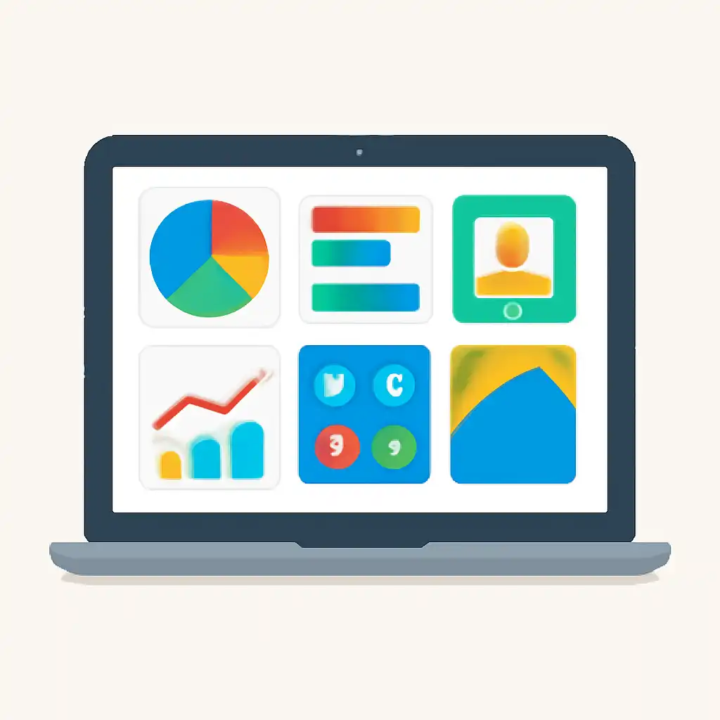 Laptop shown from the front displaying a colourful flat dashboard of abstract charts, bars and icon tiles (no text, no letters, no labels), Goa Games