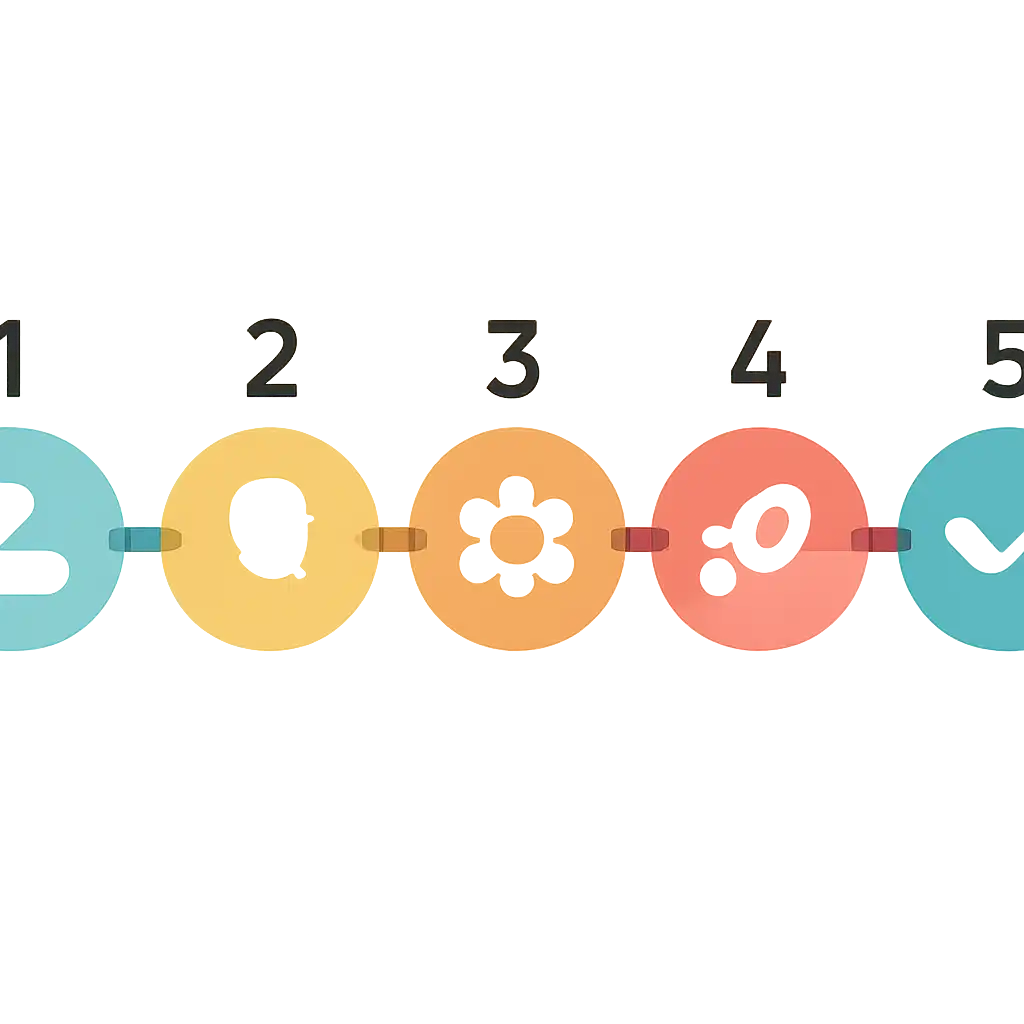 Five numbered circular icons connected by arrows in a horizontal flow, flat illustration, icons only, no words, Goa Games steps